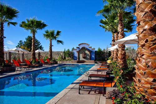 a swimming pool with chairs and palm trees at Hotel Encanto de Las Cruces in Las Cruces