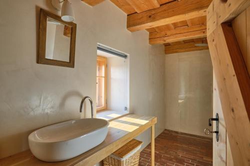 a bathroom with a white sink and a mirror at Roubenka U Babi in Lipná