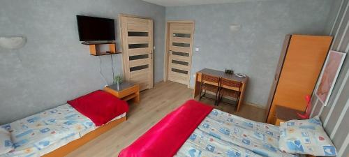 a bedroom with a bed and a desk and a television at LAGUNA in Jastrzębia Góra