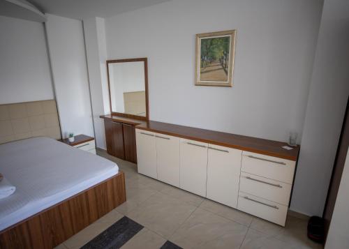 Šid的住宿－Guest House Agropapuk，卧室配有一张床,墙上设有镜子