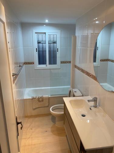 łazienka z umywalką, toaletą i lustrem w obiekcie CASA BURRIANA w mieście Nerja