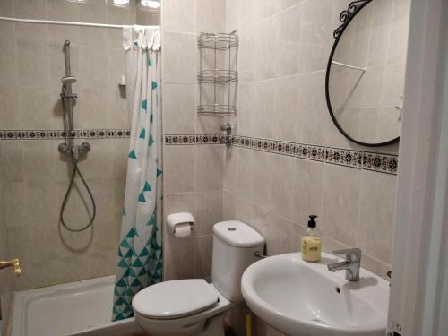 uma casa de banho com um WC, um lavatório e um espelho. em Apartamento Esperanza El Palo - 112 m2 - 3 bedrooms - centrally located em Málaga