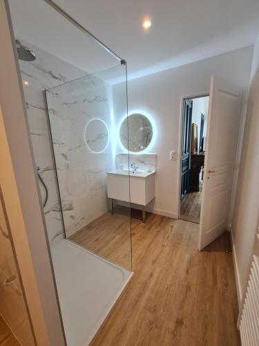 Un baño con ducha de cristal y lavabo. en Maison d'hôtes Au Cœur des Lacs, en Lusigny-sur-Barse