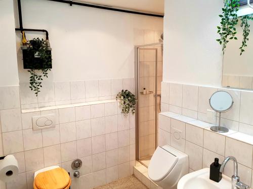 a bathroom with a toilet and a shower and a sink at Design-Apartment für 4 mit Küche Nahe der City in Hannover