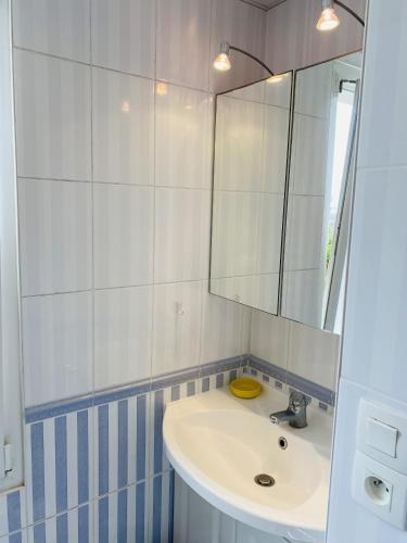 une salle de bain avec un lavabo et un miroir dans l'établissement CONCORDE - St Colomban, Jardin, Vue mer - T7, à Carnac