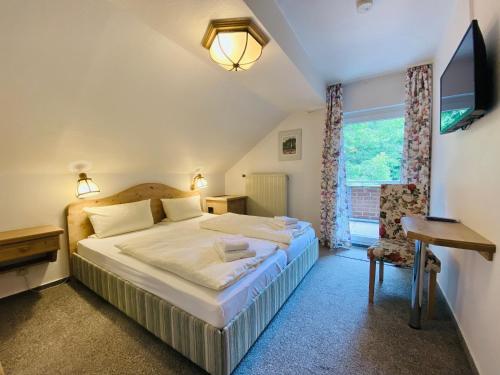 a bedroom with a bed and a tv and a window at Landhotel Edersee in Waldeck