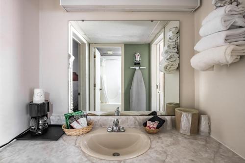 een badkamer met een wastafel en een grote spiegel bij OYO Hotel Windmill Branson in Branson