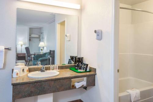 a bathroom with a sink and a mirror at Super 8 by Wyndham 100 Mile House in One Hundred Mile House
