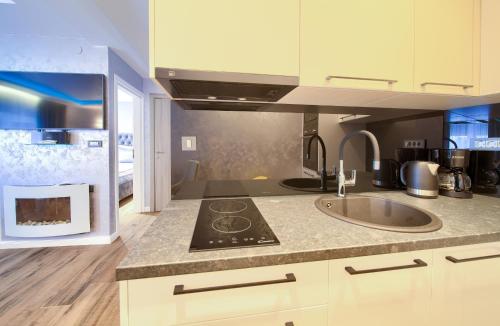 a kitchen with a sink and a stove top oven at Luxury Apartments JF in Rab