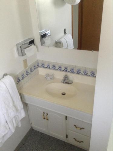 a bathroom with a sink and a mirror at Marina Motel in Seward