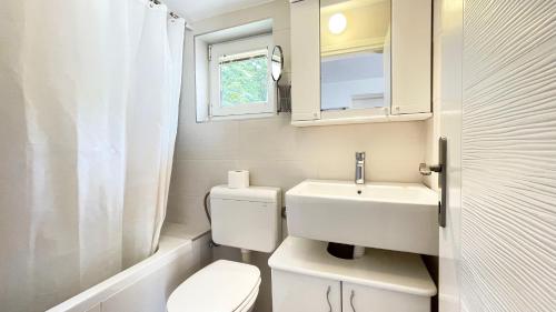 Baño pequeño con aseo y lavamanos en Apartments Antonela, en Sveti Stefan