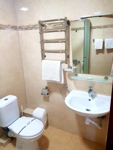 a bathroom with a white toilet and a sink at Hotel LUDMIR in Volodymyr-Volynsʼkyy