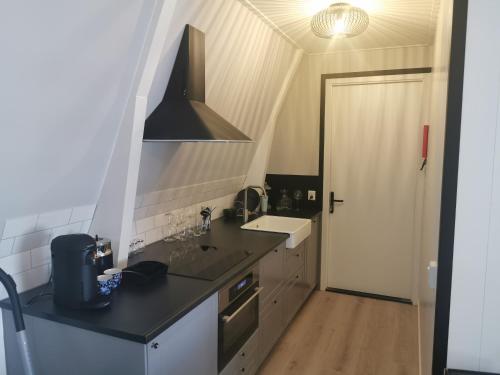 eine kleine Küche mit einer schwarzen Arbeitsplatte und einem Waschbecken in der Unterkunft B&B Tasty in Sneek