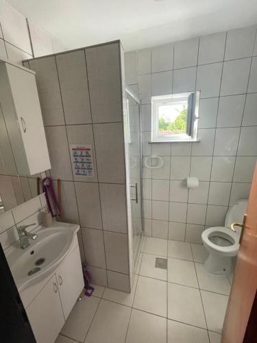 a bathroom with a shower and a sink and a toilet at Apartmani Mirela in Krk