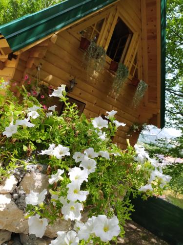 a flower garden in front of a wooden house at Brvnara Fairy Tale in Cetinje