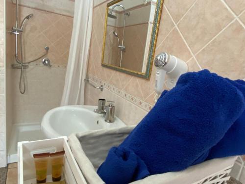a bathroom with a sink and a blue towel at Villa Bianca in Tertenìa