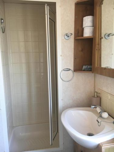 a bathroom with a shower and a sink at Domek na Trylkówku in Szczytno
