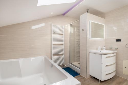 uma casa de banho branca com um lavatório e um chuveiro em Touch of happiness apartment em Viskovo