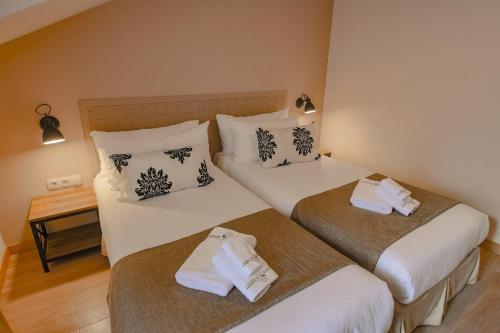 two beds in a hotel room with towels at Savaneti Eco Hotel in Tʼelavi