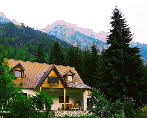 una casa con montañas en el fondo en Bujtina Albjoni en Valbonë