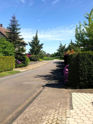an empty road with bushes and flowers on the side at Ferienwohnung Horn in Kirchlengern