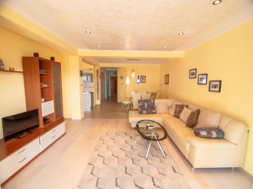 a living room with a couch and a television at Mum's Apartment in Petrovac na Moru