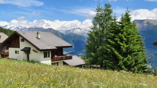 a house on a hill with mountains in the background at Bettmeralp Chalet Zendorn in Bettmeralp