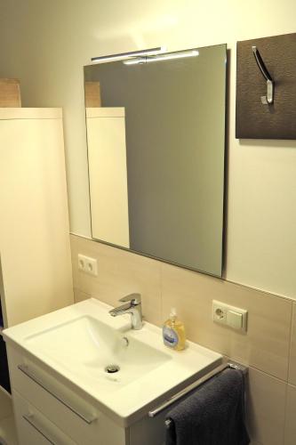 a bathroom with a sink and a large mirror at Ferienwohnung Kisslina in Bad Kissingen