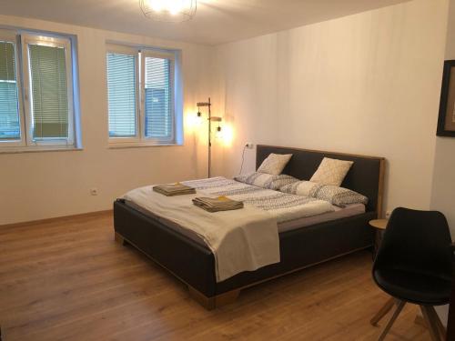 a bedroom with a large bed in a room at See Appartements in Mörbisch am See