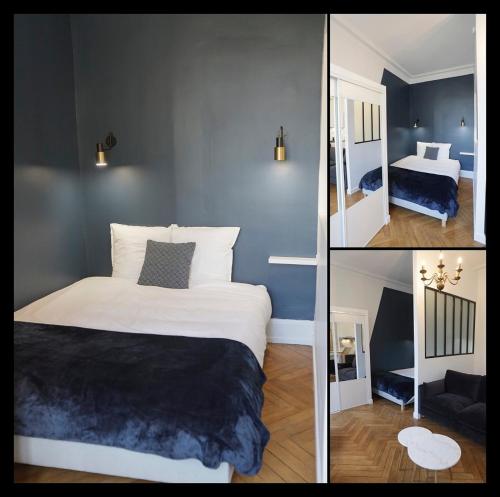 two pictures of a bedroom with a bed and a living room at Appartement cosy proche gare in Angers