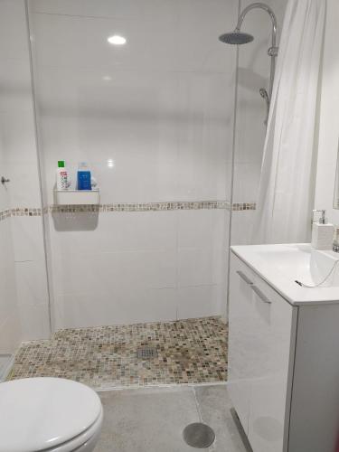 y baño con ducha, aseo y lavamanos. en El loft de Vela, en Madrid