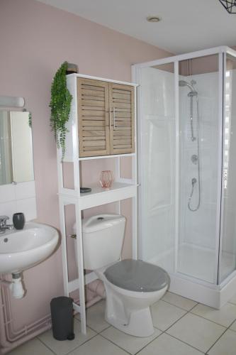 La salle de bains est pourvue de toilettes, d'une douche et d'un lavabo. dans l'établissement La Vallée du Thouet, à Airvault
