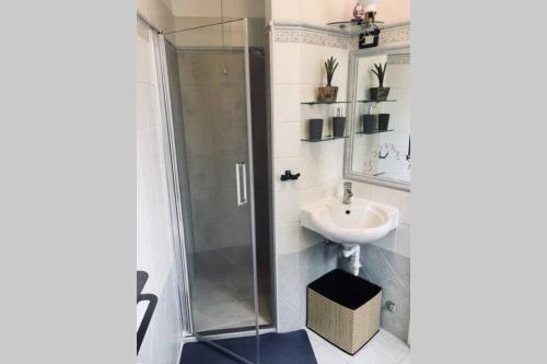 une salle de bain avec douche et lavabo dans l'établissement 30&Lode, Mini in zona tranquilla, à Udine