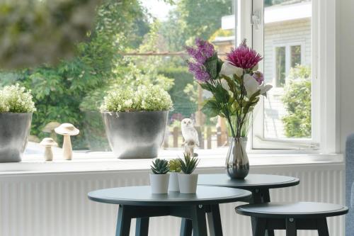 a window with two tables with flowers on it at Gezellig en relaxed verblijf in chalet in Putten op de Veluwe! in Putten