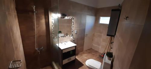a bathroom with a shower and a sink and a toilet at Departamento LUPANA in San Rafael
