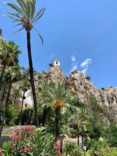 a view of a mountain with palm trees and flowers at Ideal Apartamento - Guadalest in Guadalest
