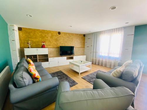 uma sala de estar com dois sofás e uma televisão em La Casona del Gallo em Ábalos