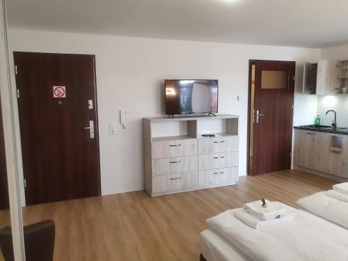 Zimmer mit 2 Betten, einem TV und einer Küche in der Unterkunft Apartments Oberschlesien in Görlitz