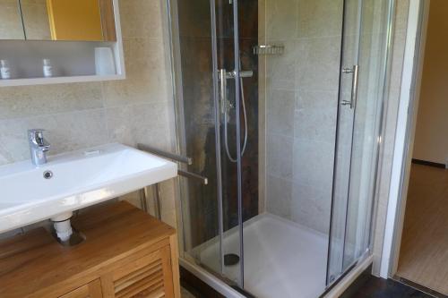 y baño con ducha y lavamanos. en Haus Daheim en St. Wolfgang