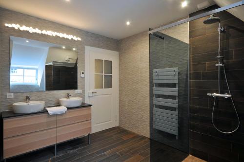 a bathroom with two sinks and a shower at Au Grenier à Sel Colmar in Colmar