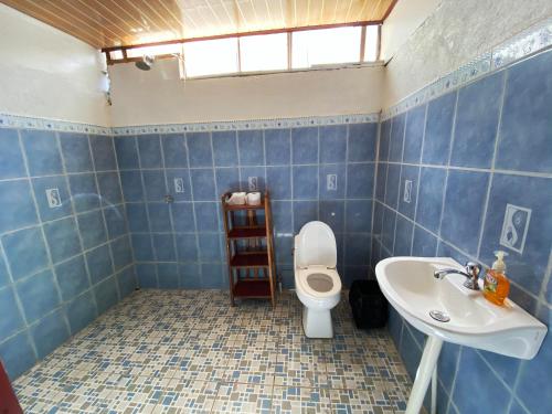 ドラケにあるMariposa Drakeの青いタイル張りのバスルーム(トイレ、シンク付)