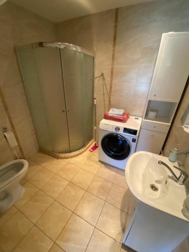 een badkamer met een wasmachine en een wastafel bij Neringarent DRUSKĖ - 2-jų miegamųjų su atskiru įėjimu in Juodkrantė