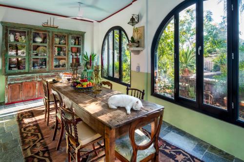 a cat sitting on a wooden table in a dining room at Hiraeth Santorini in Megalokhori