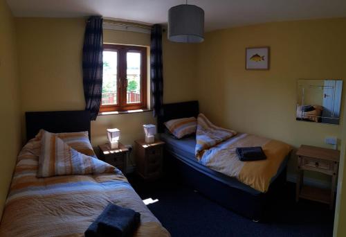1 dormitorio con 2 camas y ventana en Walnut Lodge, Summerhayes, en Bridgwater