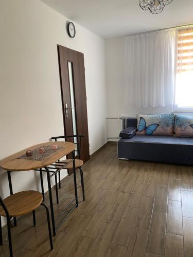 a living room with a table and a couch at Apartamenty Otrytturystyka in Ustrzyki Dolne