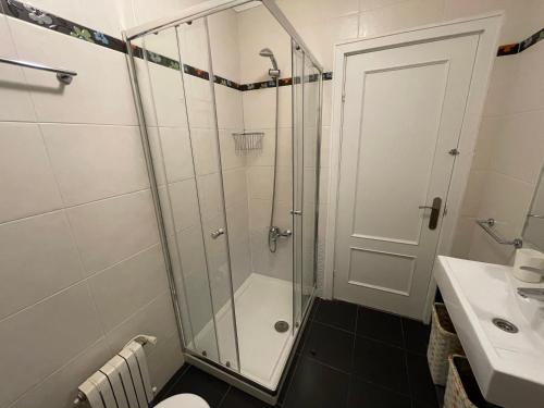 a bathroom with a shower and a toilet and a sink at Coqueto apartamento cerca de la playa in Santander