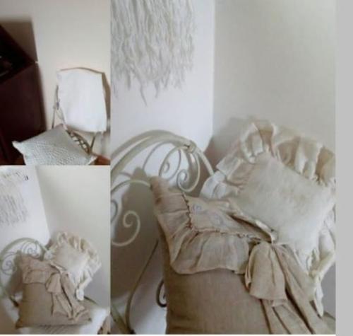 a collage of two pictures of a couch with a pillow at CASA VACANZA LA VILLA in Amelia