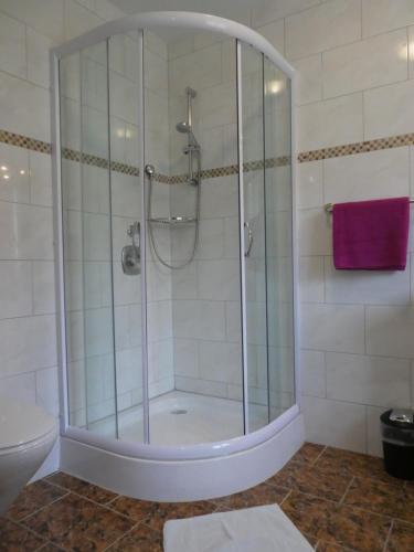 a shower with a glass door in a bathroom at Haus Daheim in St. Wolfgang