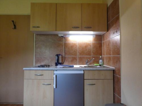 a small kitchen with a sink and a refrigerator at Haus Daheim in St. Wolfgang