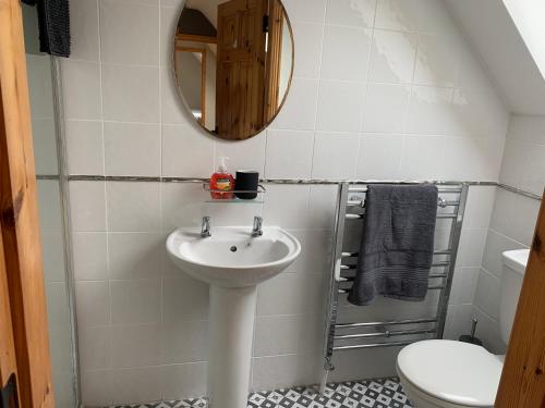 a bathroom with a sink and a mirror and a toilet at Wild Atlantic Way House in Achill